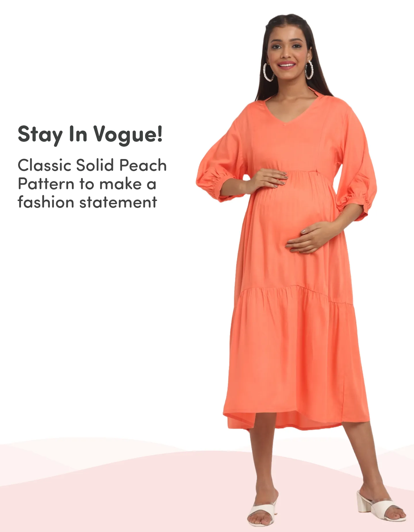 Pre & Post Maternity /Nursing Ruffle collared Solid Midi Dress with both sides Zipper for Easy Feeding – Solid - Peach-M