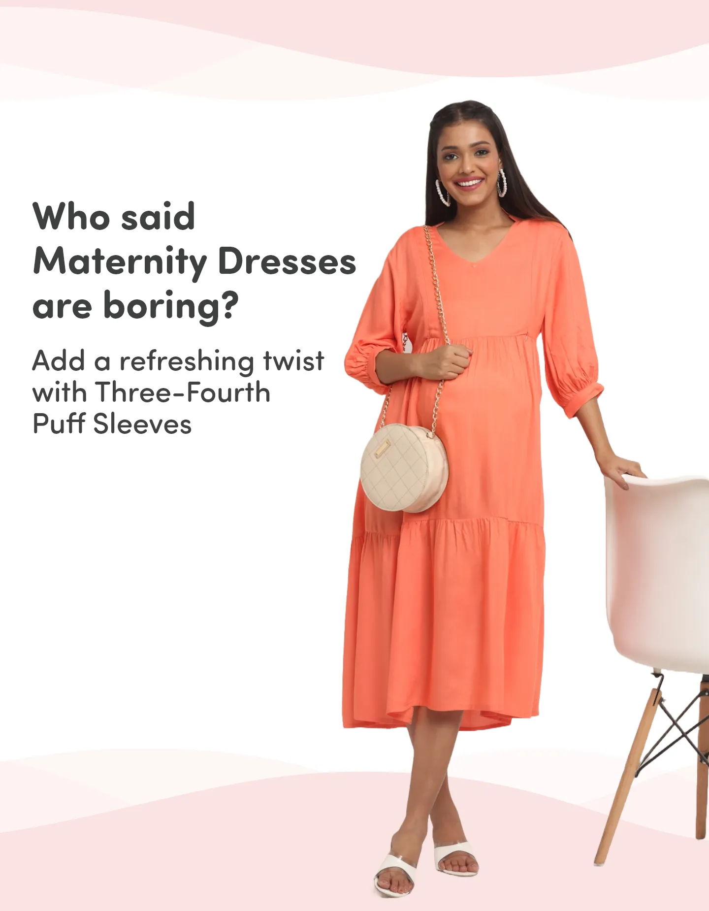 Pre & Post Maternity /Nursing Ruffle collared Solid Midi Dress with both sides Zipper for Easy Feeding – Solid - Peach-M