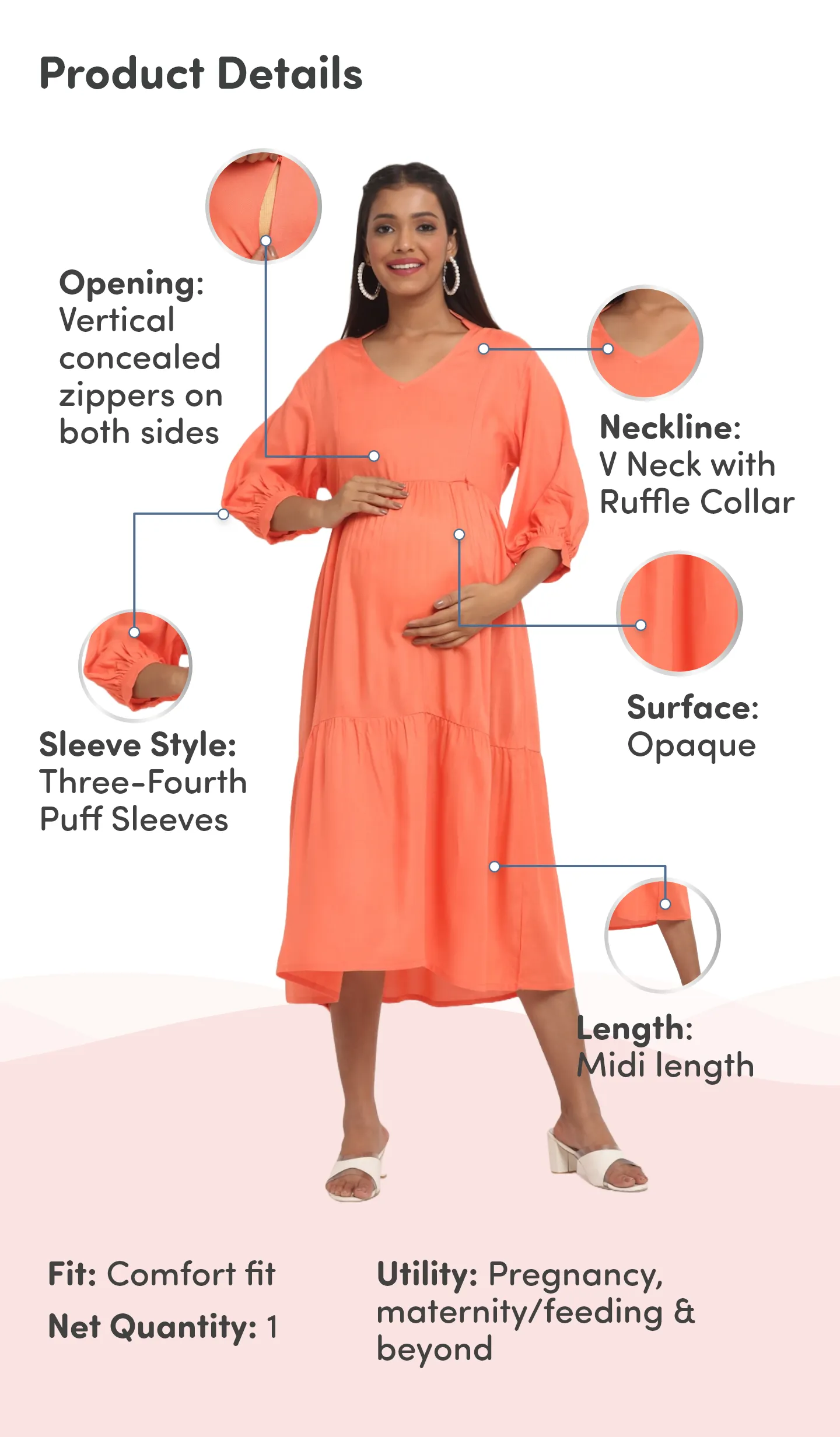 Pre & Post Maternity /Nursing Ruffle collared Solid Midi Dress with both sides Zipper for Easy Feeding – Solid - Peach-M