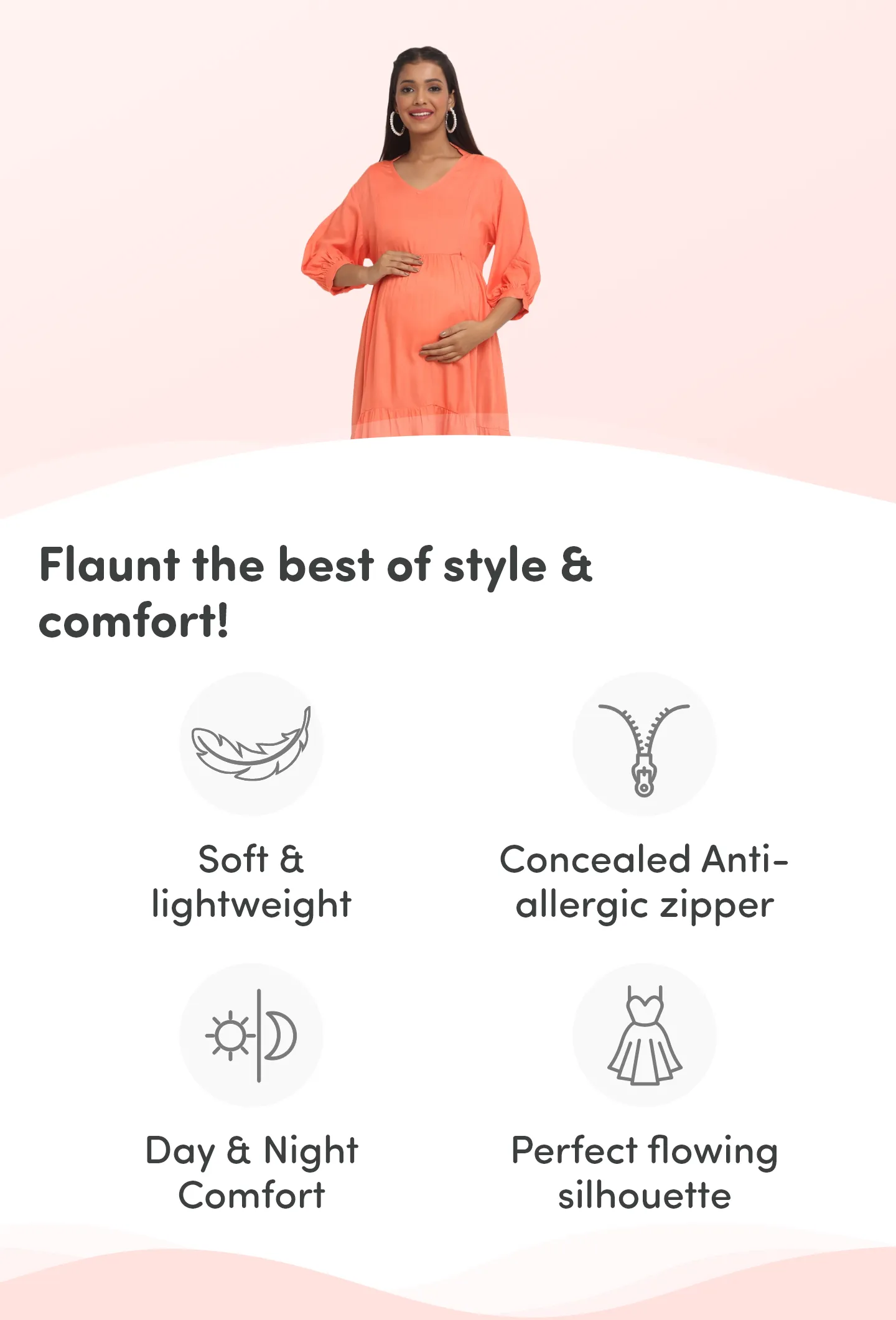 Pre & Post Maternity /Nursing Ruffle collared Solid Midi Dress with both sides Zipper for Easy Feeding – Solid - Peach-M