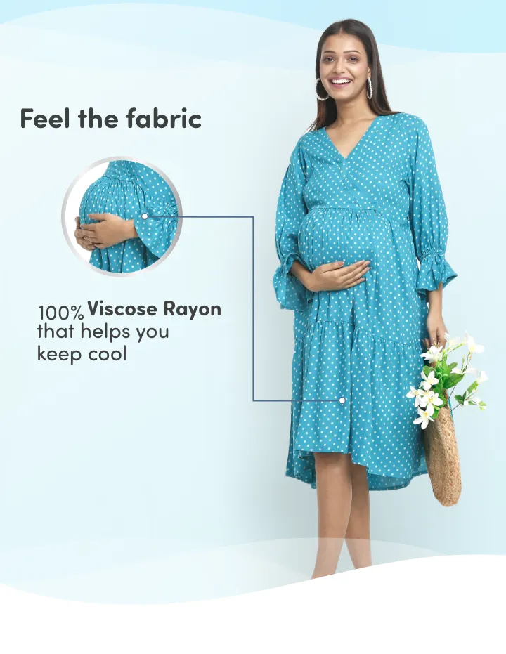 Pre & Post Maternity/Nursing Knee Length Dress with Zippers at both sides for Easy Feeding- Teal Green-  Polka Dots-L