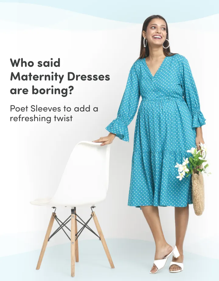 Pre & Post Maternity/Nursing Knee Length Dress with Zippers at both sides for Easy Feeding- Teal Green-  Polka Dots-XL