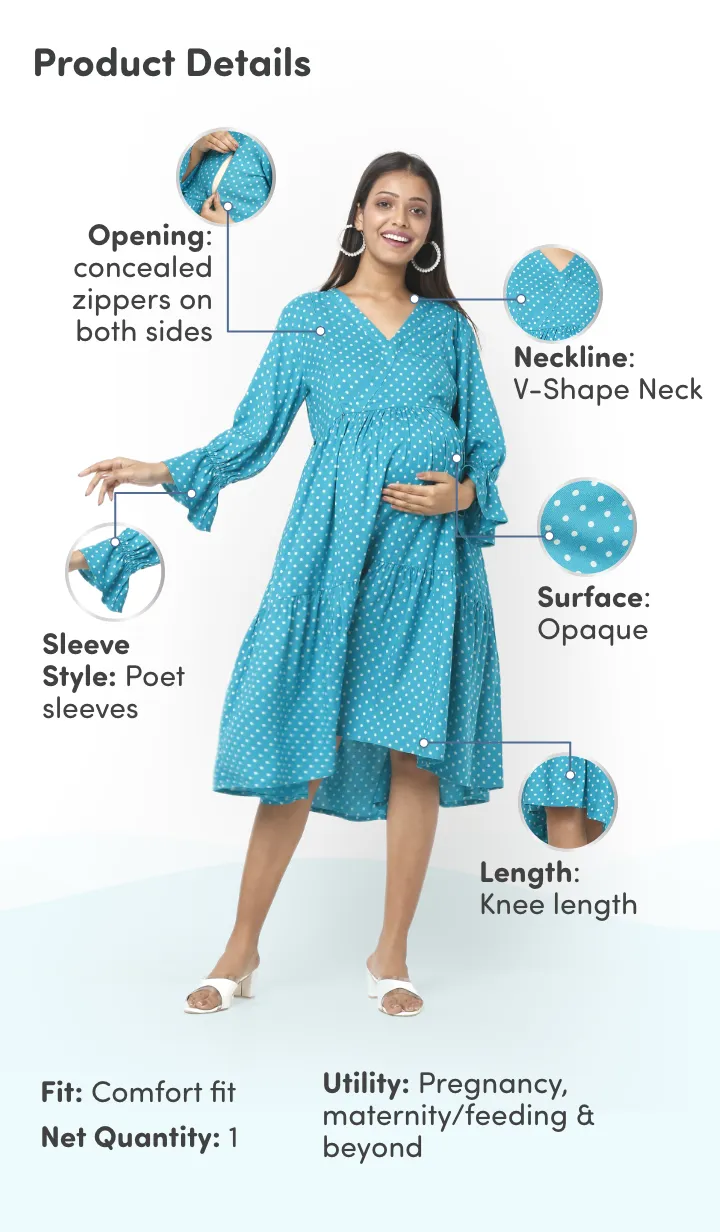 Pre & Post Maternity/Nursing Knee Length Dress with Zippers at both sides for Easy Feeding- Teal Green-  Polka Dots-XL