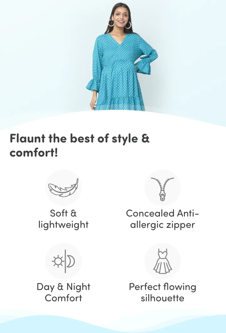 Pre & Post Maternity/Nursing Knee Length Dress with Zippers at both sides for Easy Feeding- Teal Green-  Polka Dots-XL