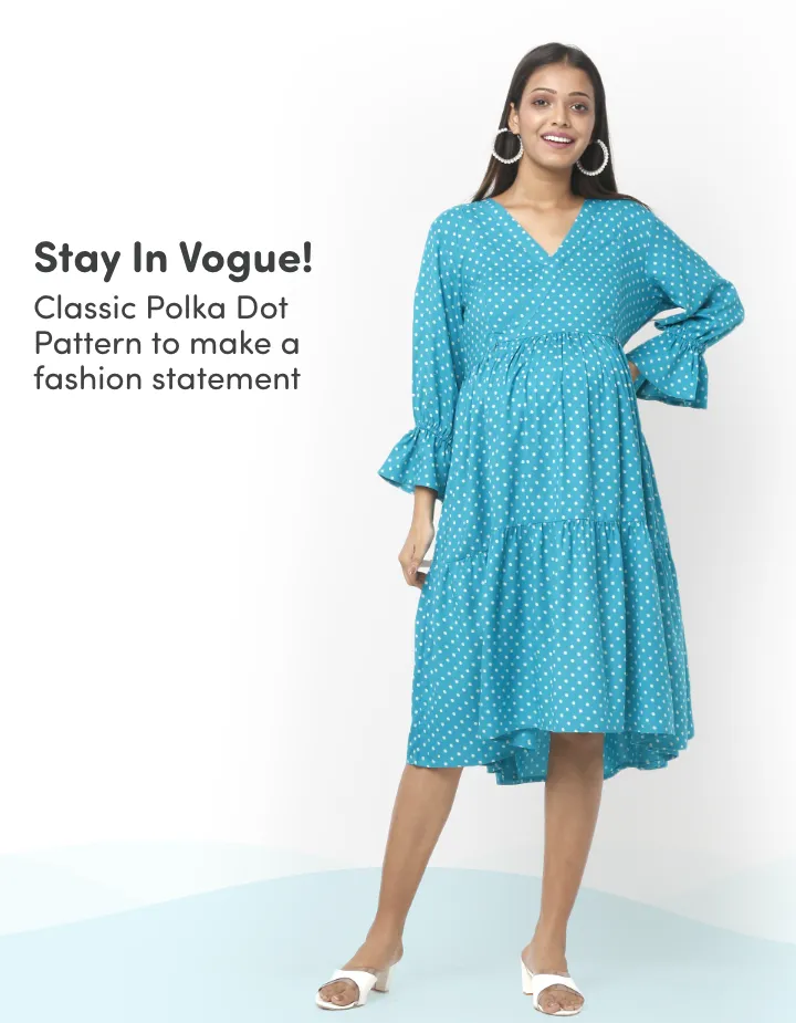 Pre & Post Maternity/Nursing Knee Length Dress with Zippers at both sides for Easy Feeding- Teal Green-  Polka Dots-XXL