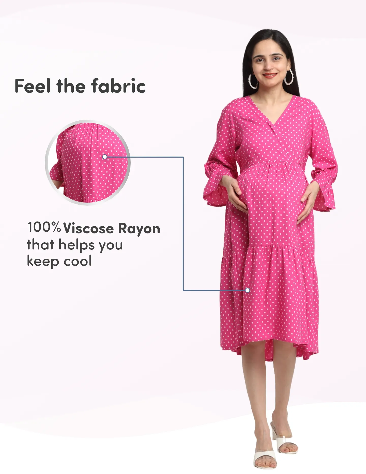Pre & Post Maternity/Nursing Knee Length Dress with Zippers at both sides for Easy Feeding-  Pink - Polka Dots-XL