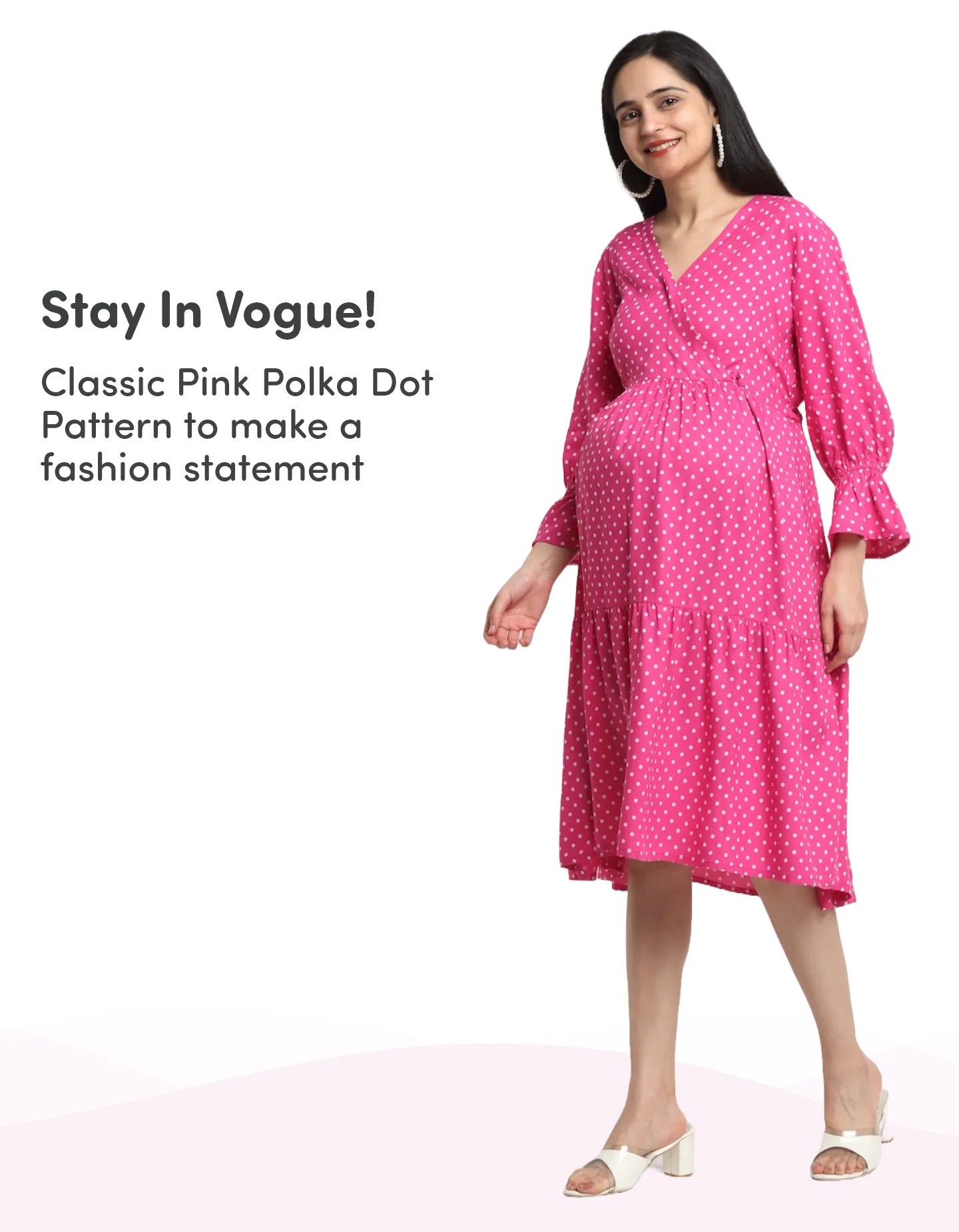 Pre & Post Maternity/Nursing Knee Length Dress with Zippers at both sides for Easy Feeding-  Pink - Polka Dots-XL