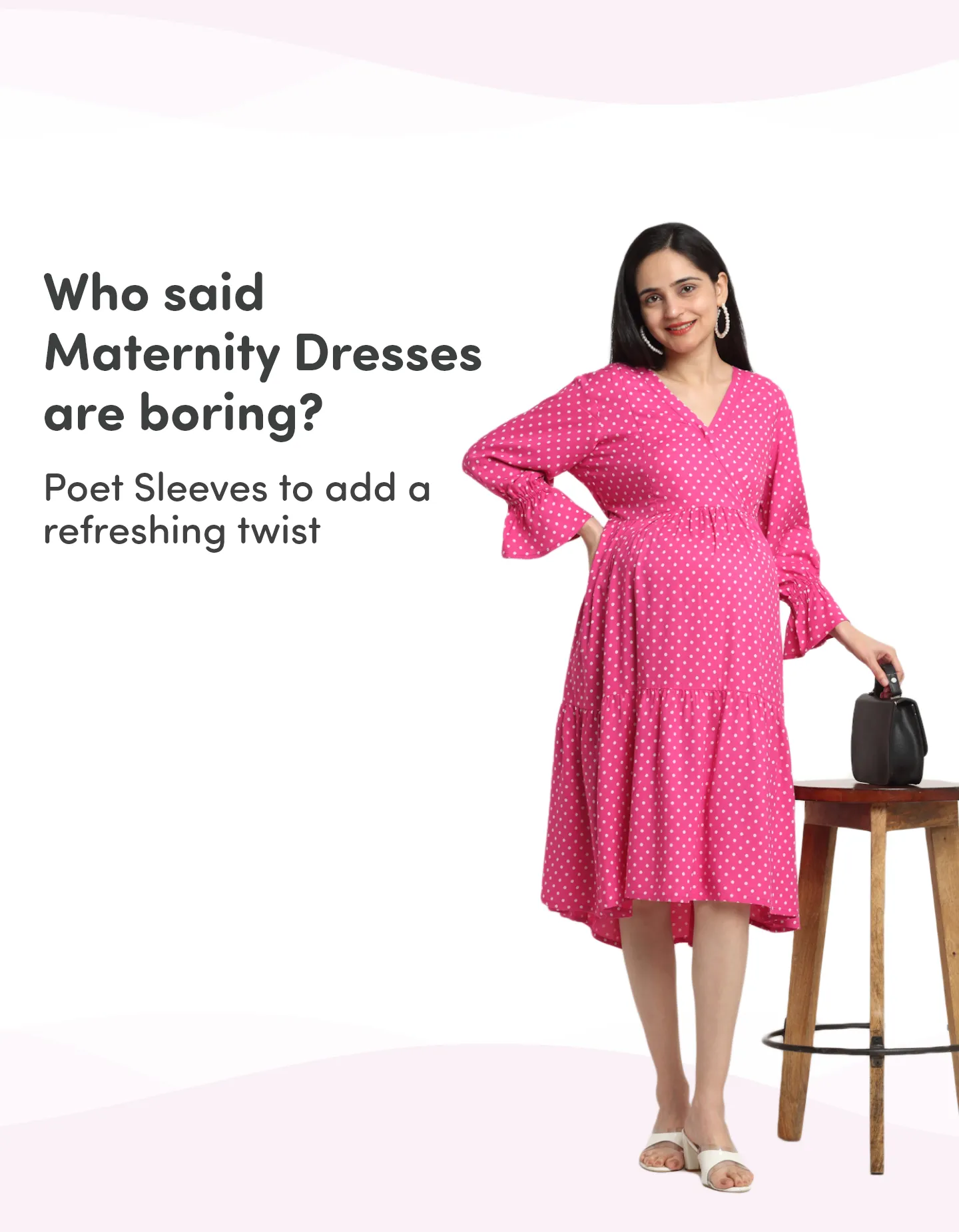 Pre & Post Maternity/Nursing Knee Length Dress with Zippers at both sides for Easy Feeding-  Pink - Polka Dots-XL