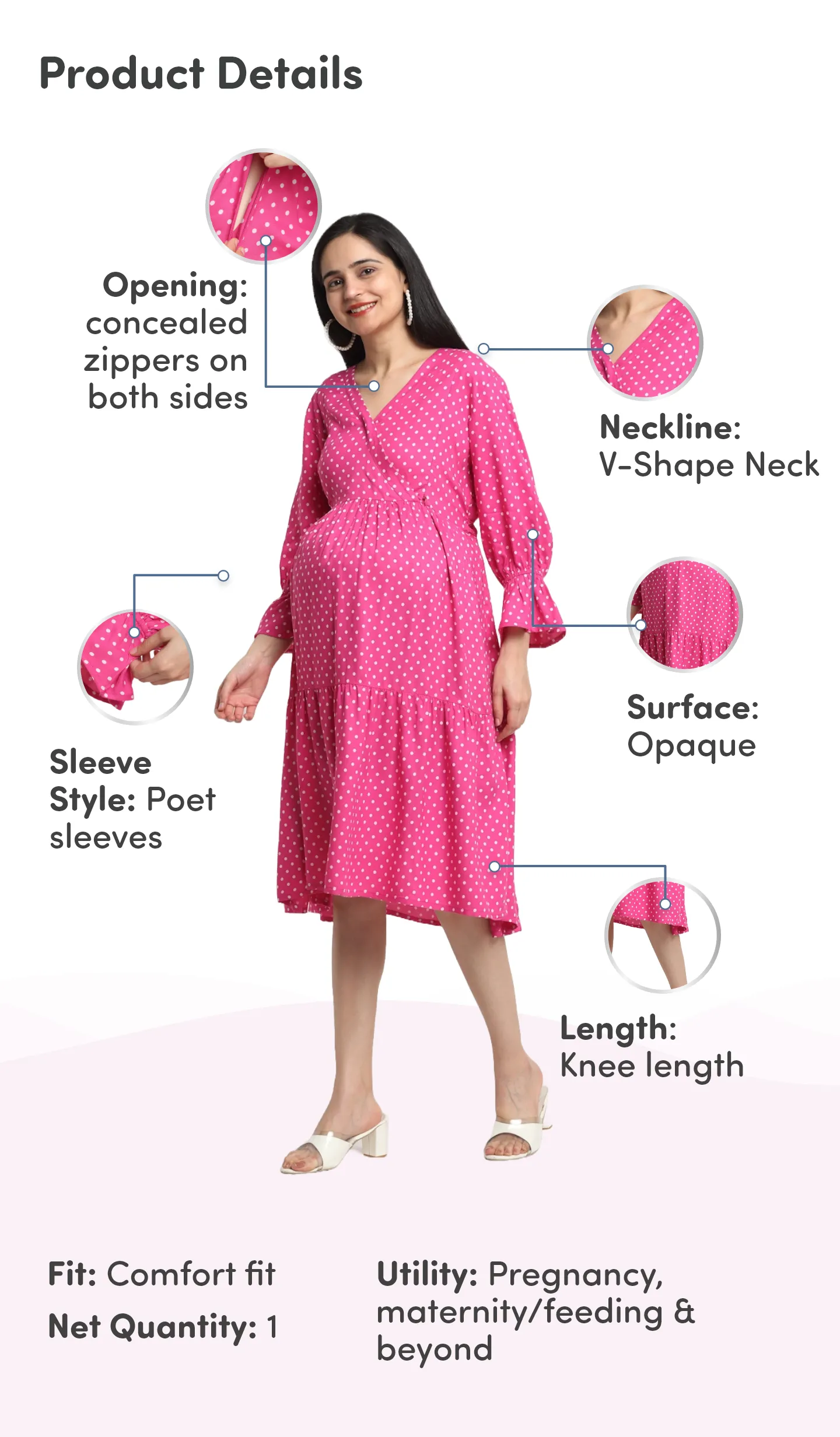 Pre & Post Maternity/Nursing Knee Length Dress with Zippers at both sides for Easy Feeding-  Pink - Polka Dots-XL