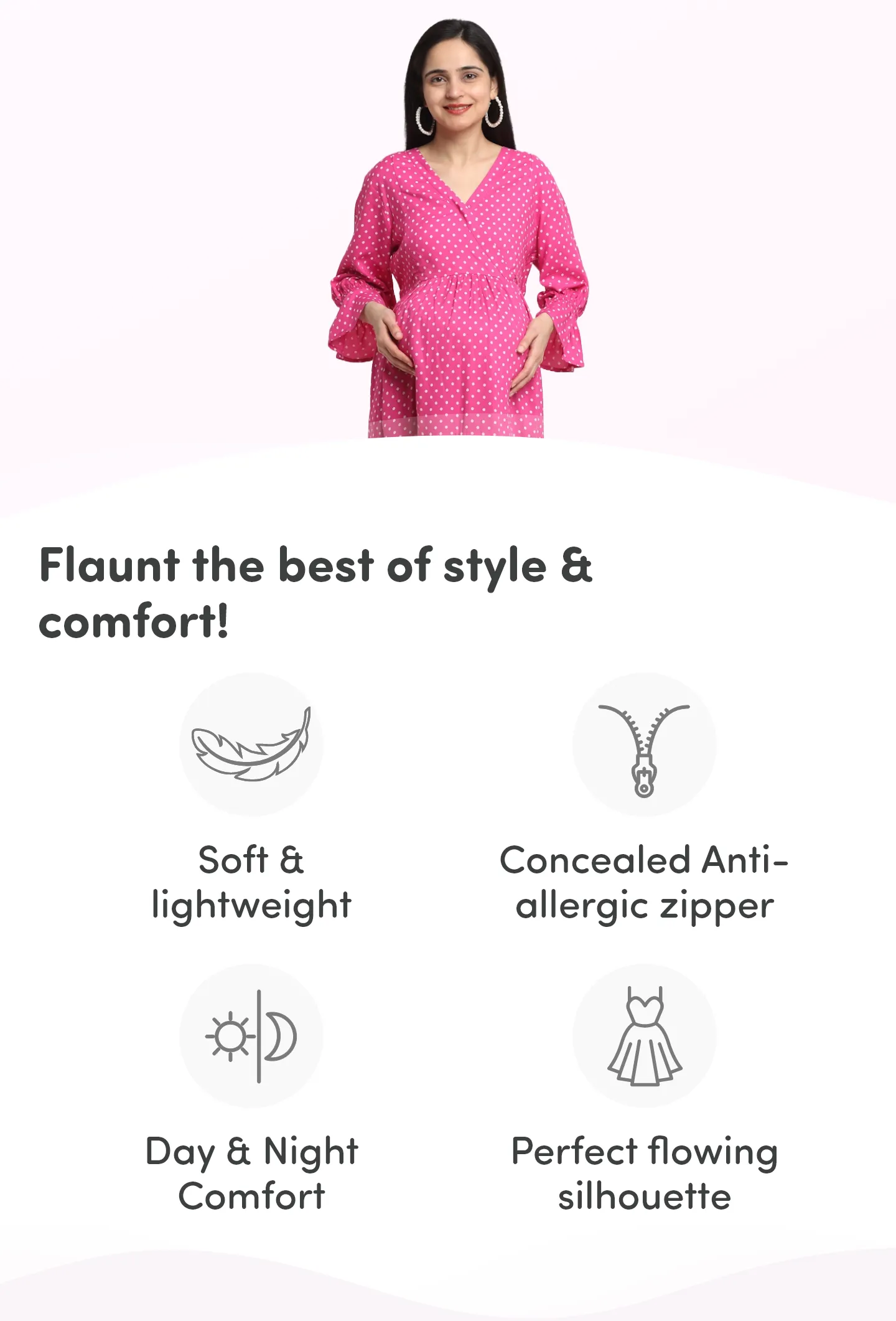 Pre & Post Maternity/Nursing Knee Length Dress with Zippers at both sides for Easy Feeding-  Pink - Polka Dots-XL