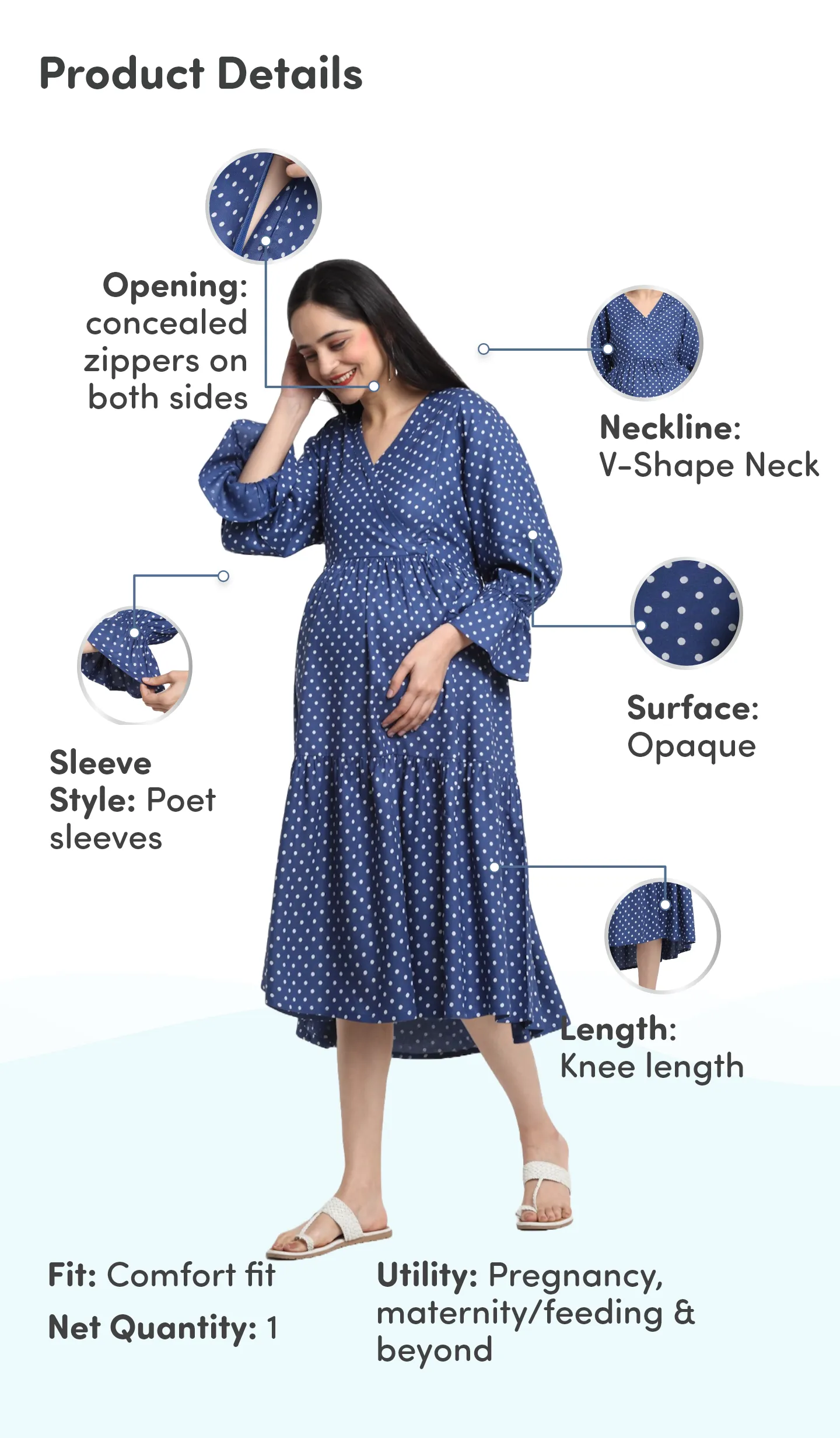 Pre & Post Maternity/Nursing Knee Length Dress with Zippers at both sides for Easy Feeding- Blue - Polka Dots-M