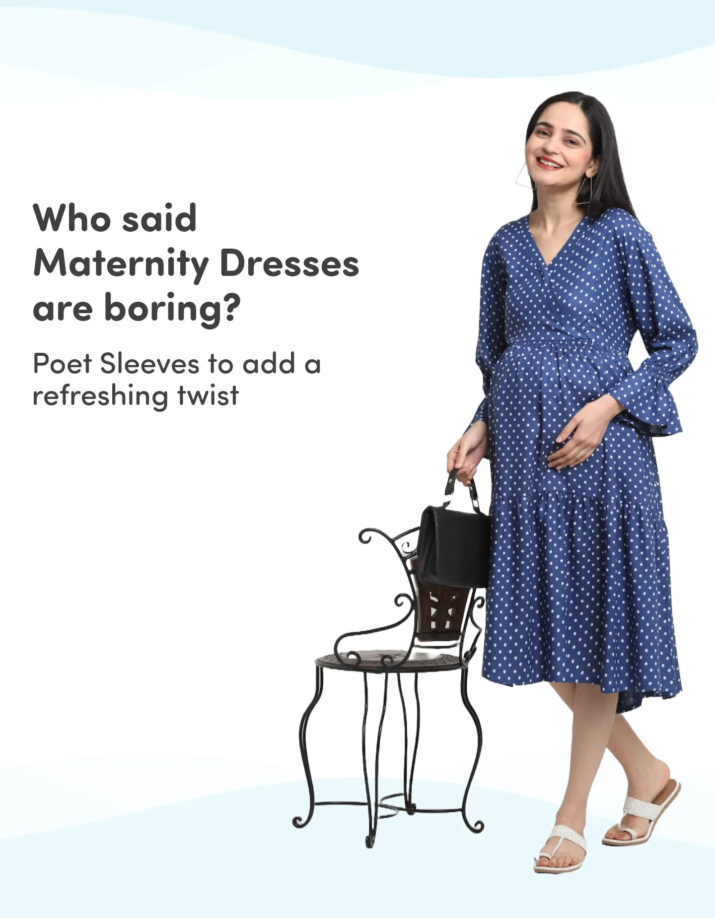 Pre & Post Maternity/Nursing Knee Length Dress with Zippers at both sides for Easy Feeding- Blue - Polka Dots-L 