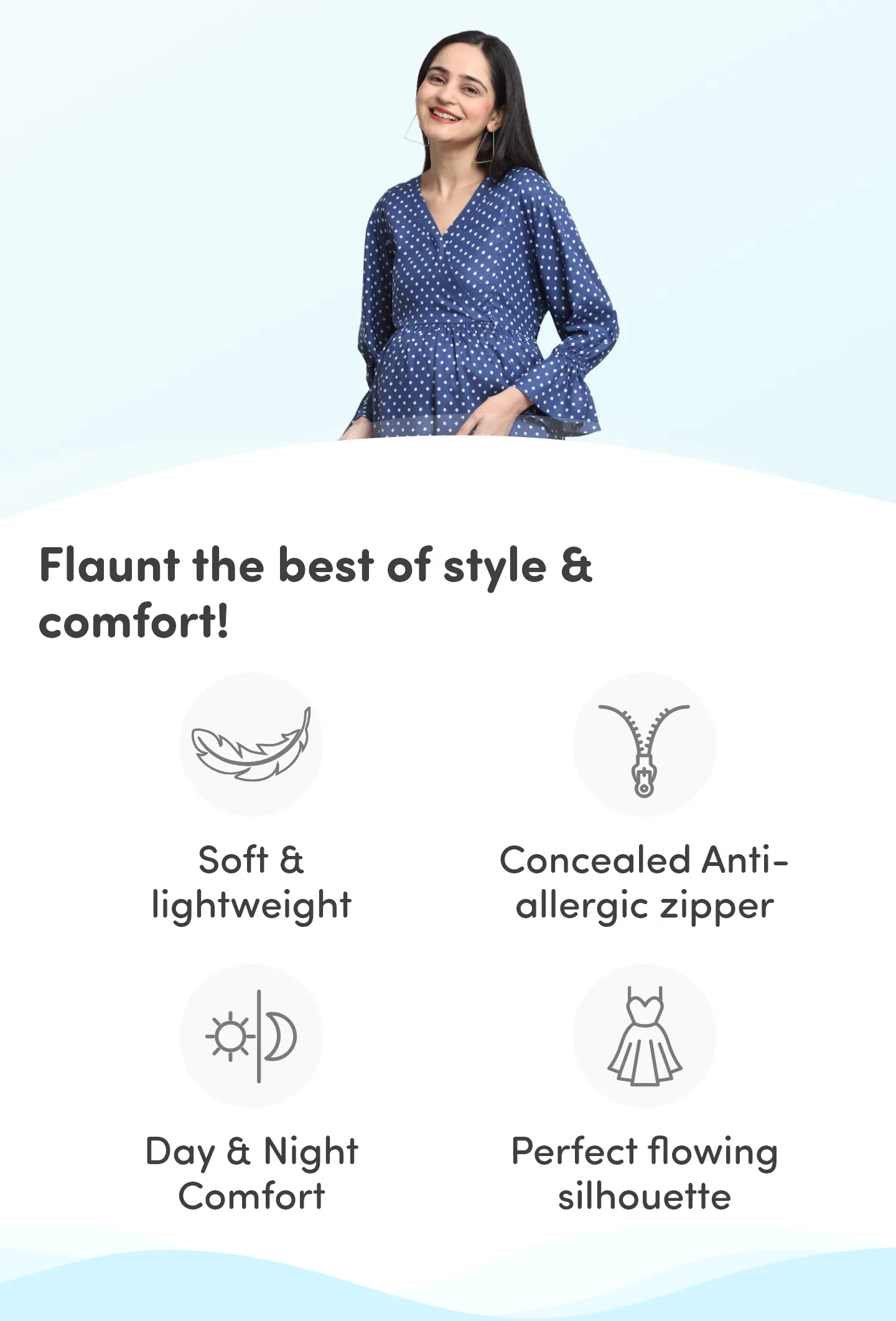 Pre & Post Maternity/Nursing Knee Length Dress with Zippers at both sides for Easy Feeding- Blue - Polka Dots-L 