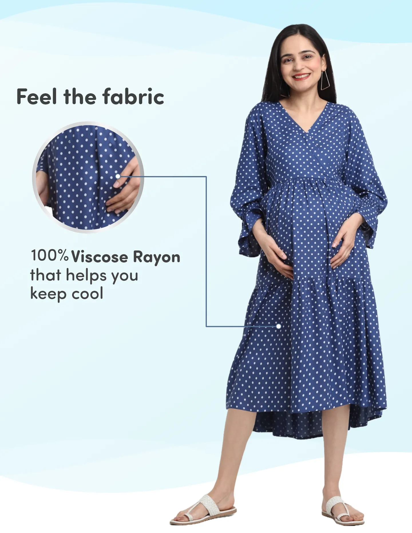 Pre & Post Maternity/Nursing Knee Length Dress with Zippers at both sides for Easy Feeding - Blue - Polka Dots-XL