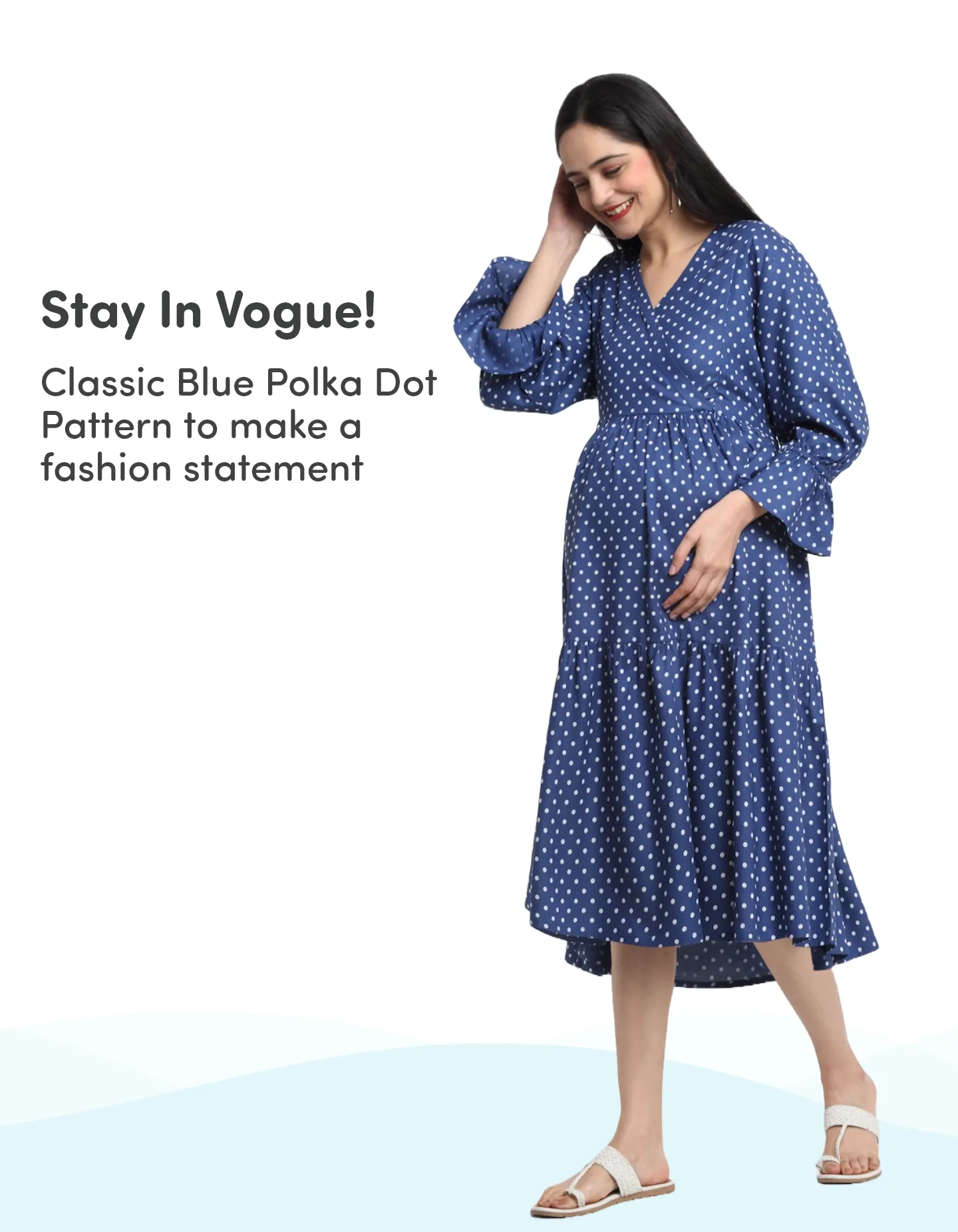 Pre & Post Maternity/Nursing Knee Length Dress with Zippers at both sides for Easy Feeding - Blue - Polka Dots-XL