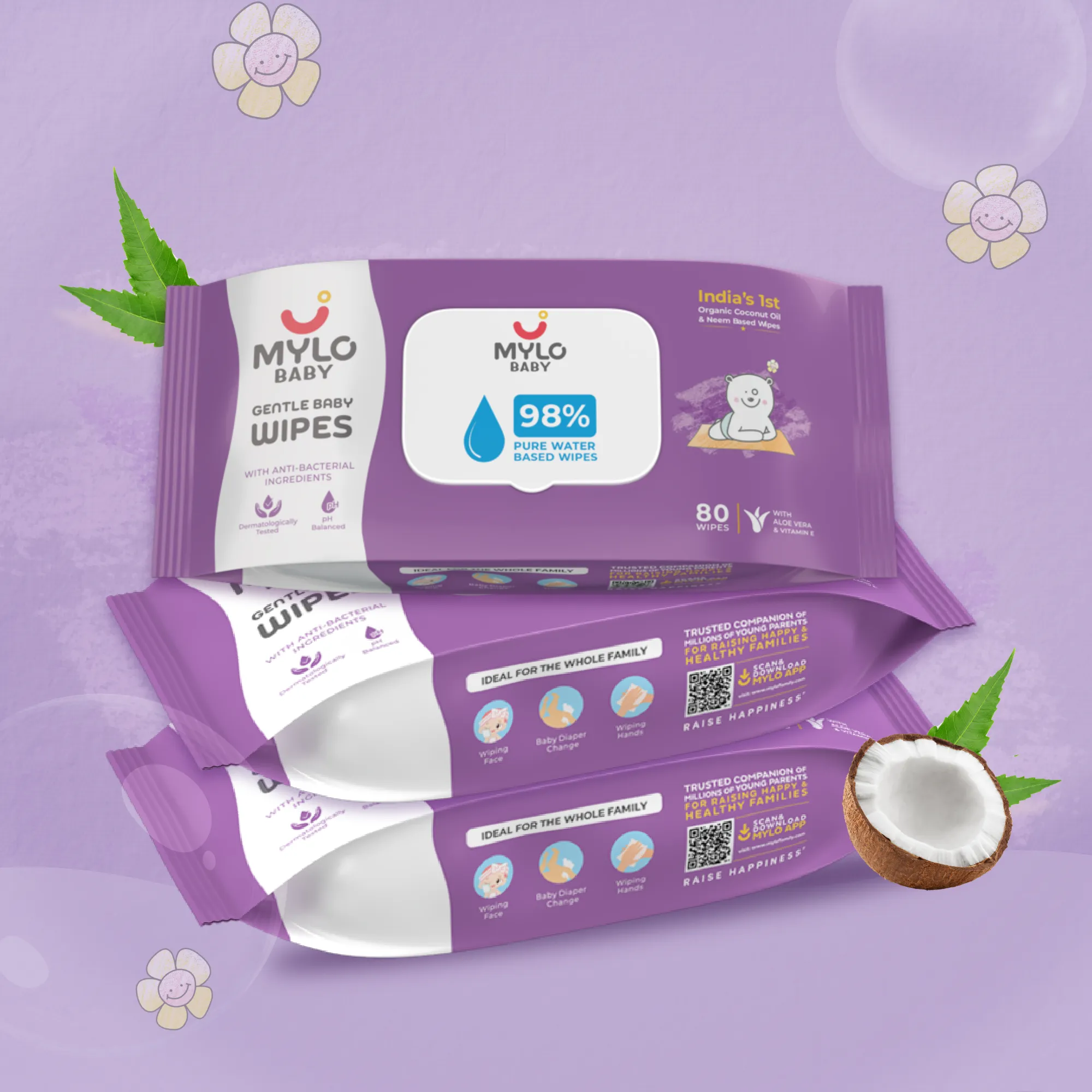 Gentle Baby Wipes with Organic Coconut Oil & Neem With Lid (80 wipes x 3 packs)