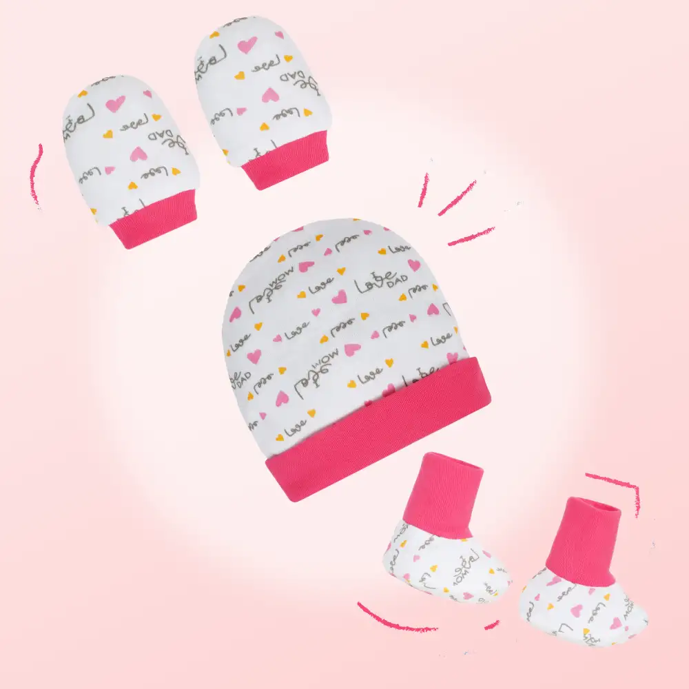 100 Cotton Cap, Mittens, & Booties Set for New Born Baby (06 Months) Gentle Love