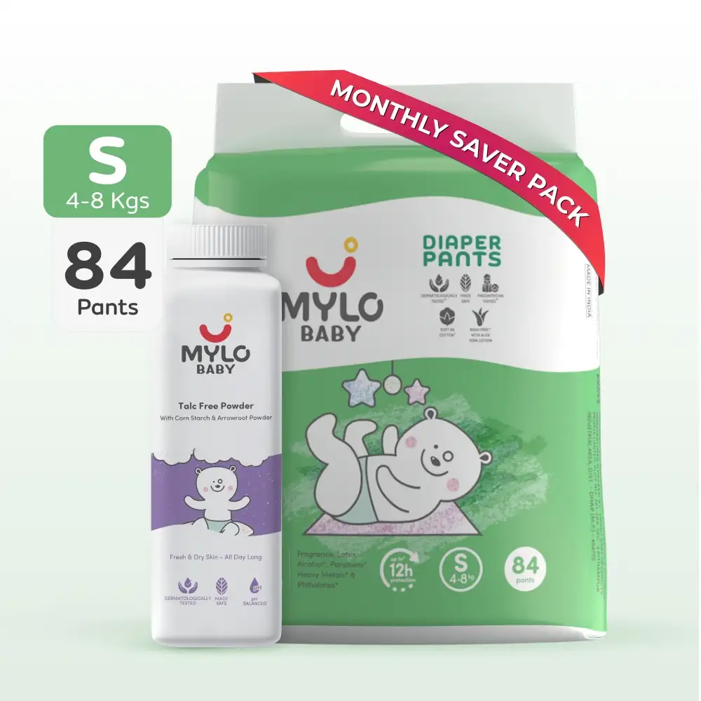 Super Saver Combo - Baby Diaper Pants Small (S) Size 4-8 kgs (84 count) Leak Proof + Baby Powder for Kids - 300 gm