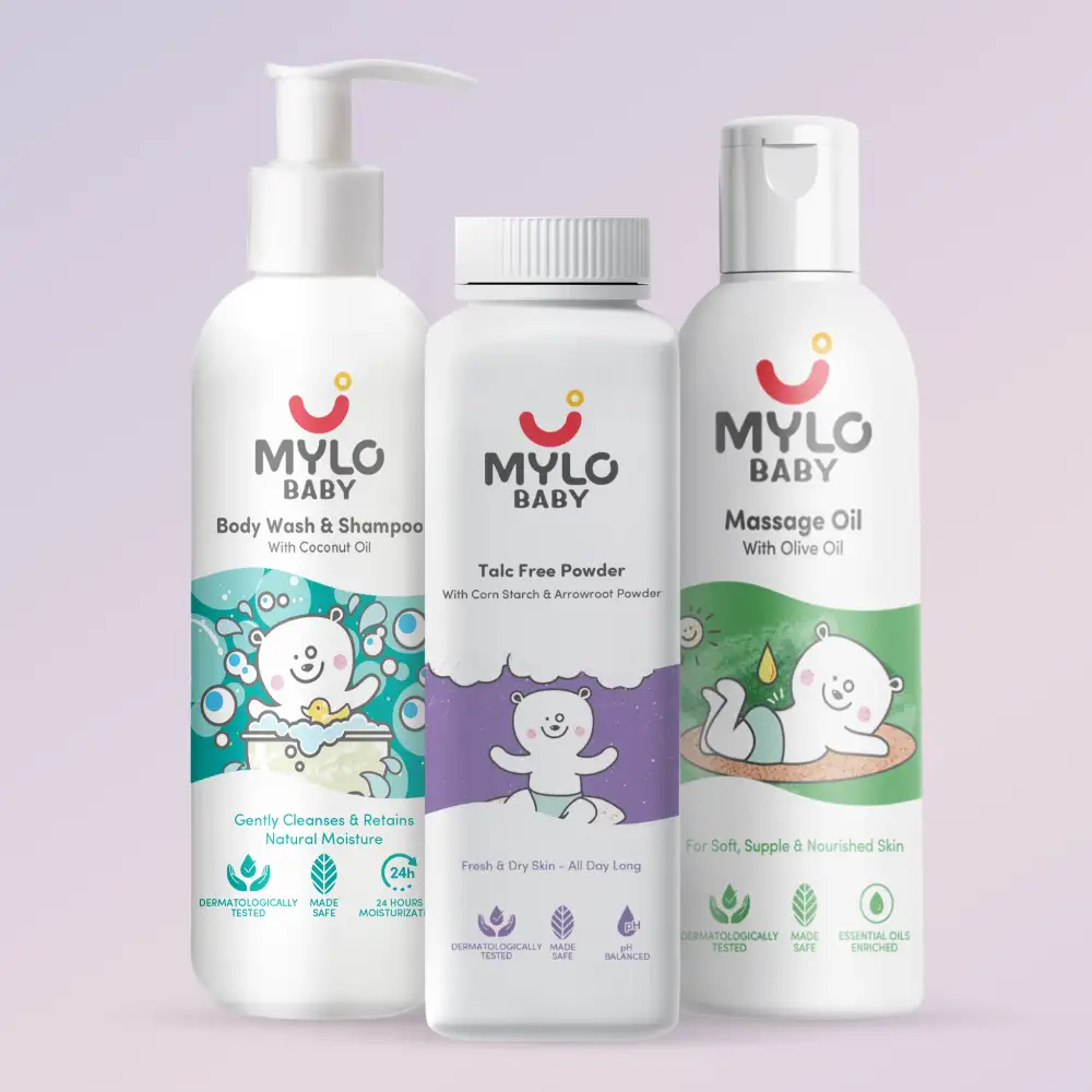 Mylo Baby Bath Regime Kit - Baby Massage Oil, Baby Head to Toe Wash & Baby Talc-Free Powder