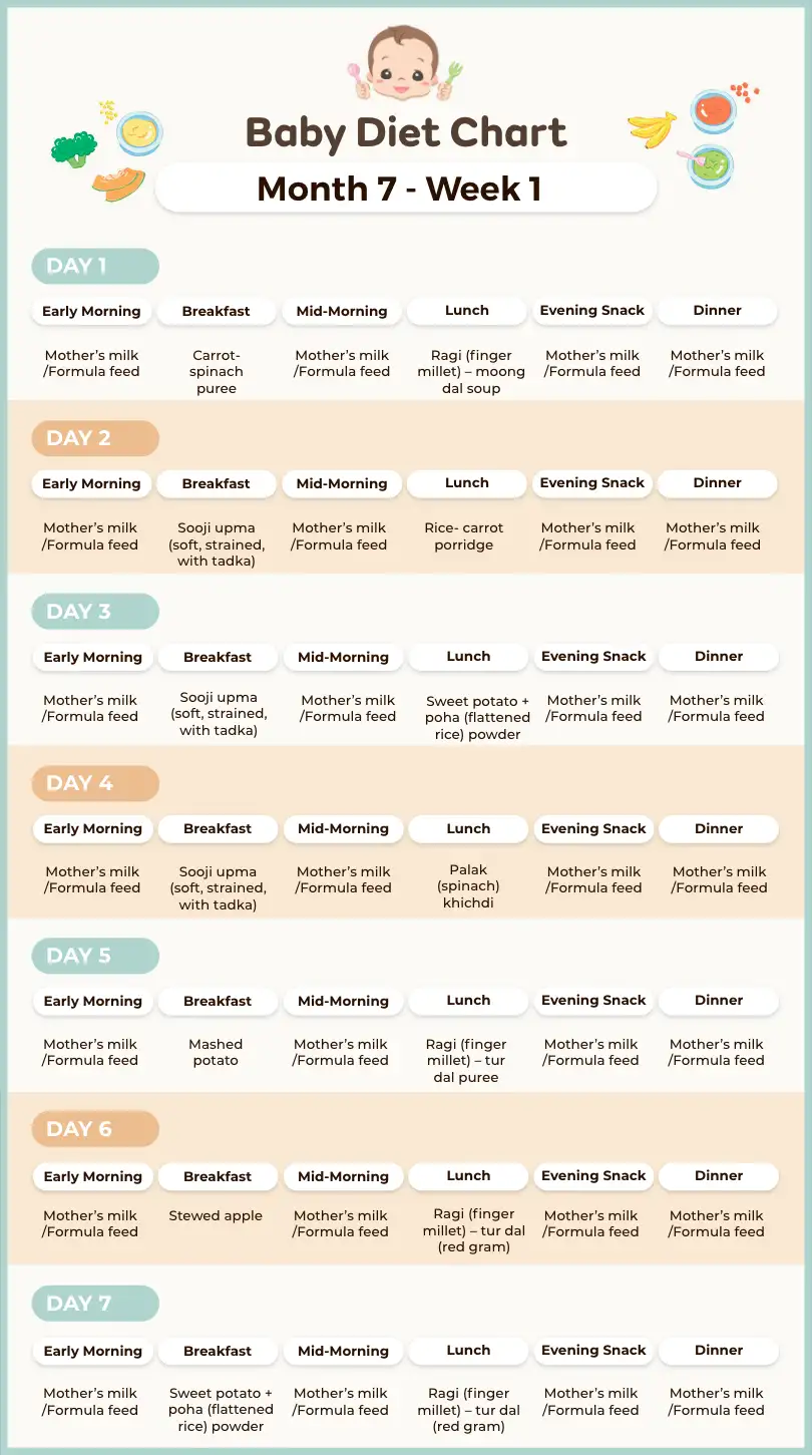 7 Month Old Baby Food Chart/Meal Plan – Week 1