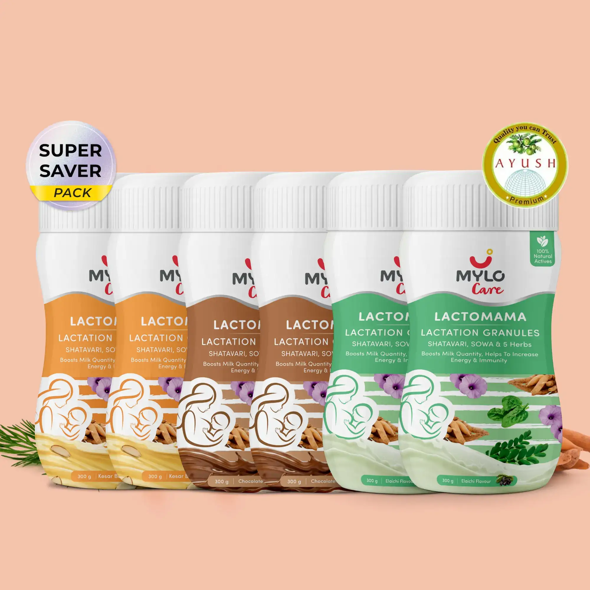 Mylo LactoMama ™ | With Shatavari, Sowa & 5 herbs | Natural Supplement for Boosting Breast Milk Supply | 100% Natural Ingredients | 300g | Pack of 2 each | Elaichi + Chocolate + Kesar Badam