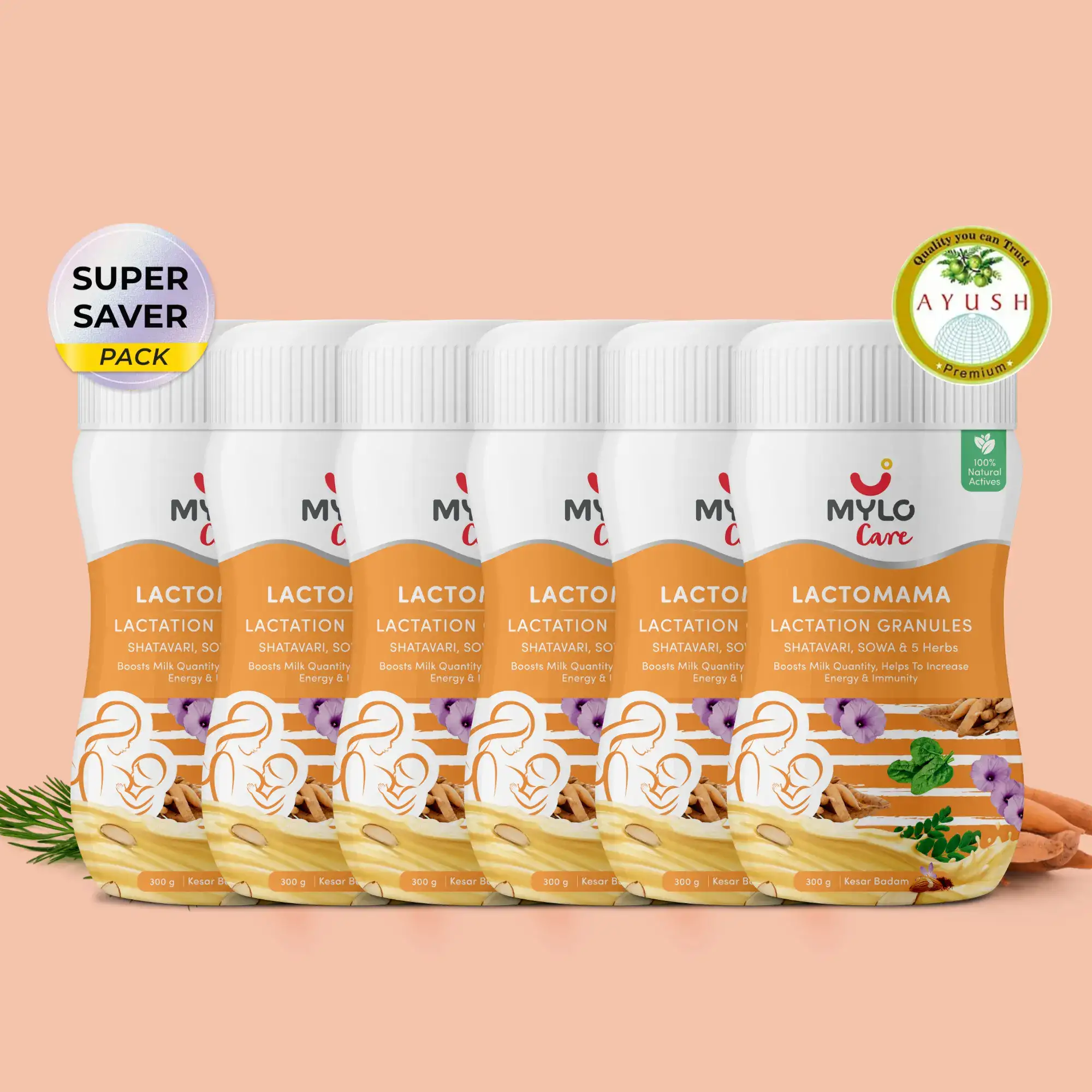 Mylo LactoMama ™ | With Shatavari, Sowa & 5 herbs | Natural Supplement for Boosting Breast Milk Supply | 100% Natural Ingredients | 300g | Pack of 6 | Kesar Badam