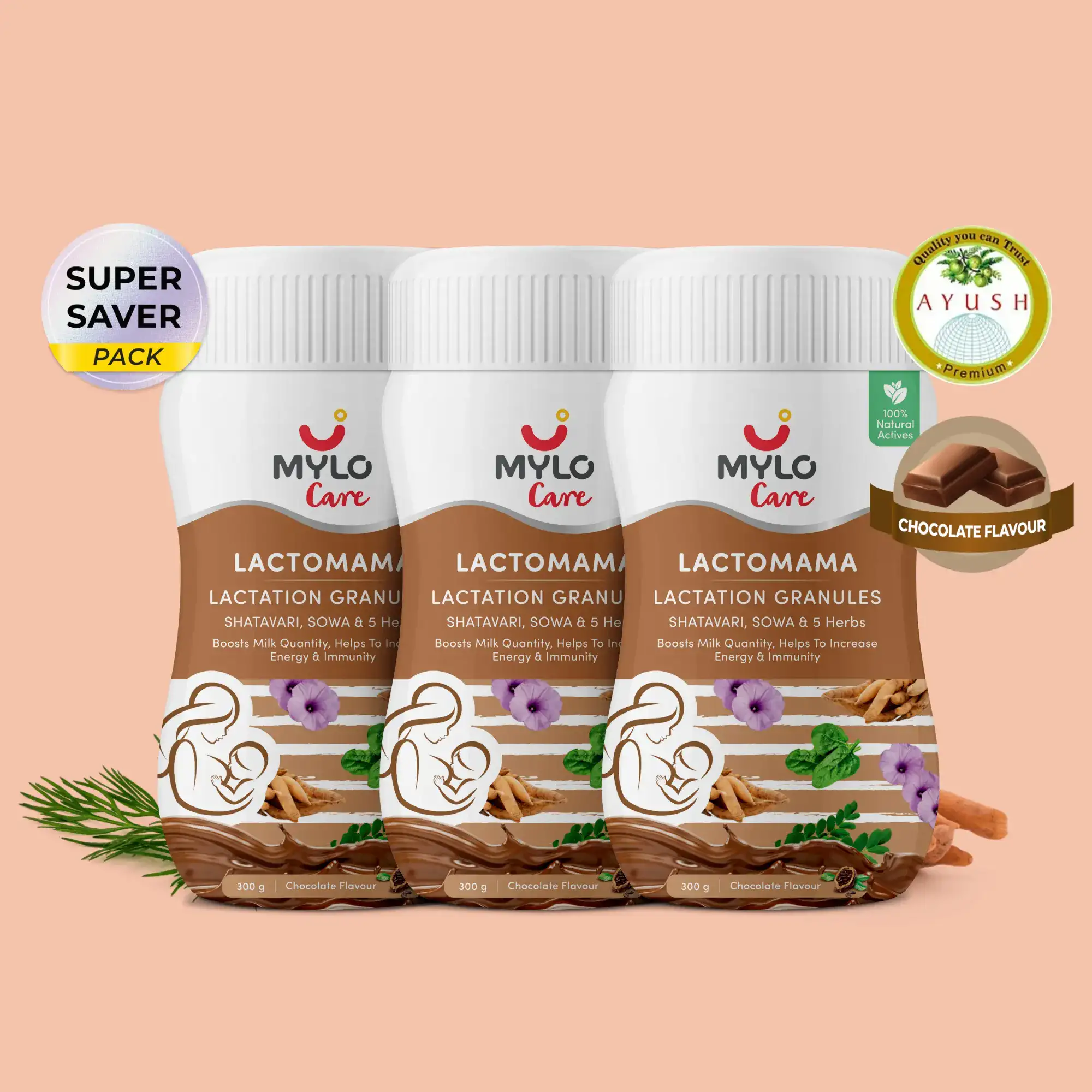 Mylo LactoMama ™ | With Shatavari, Sowa & 5 herbs | Natural Supplement for Boosting Breast Milk Supply | 100% Natural Ingredients | 300g | Pack of 3 | Chocolate