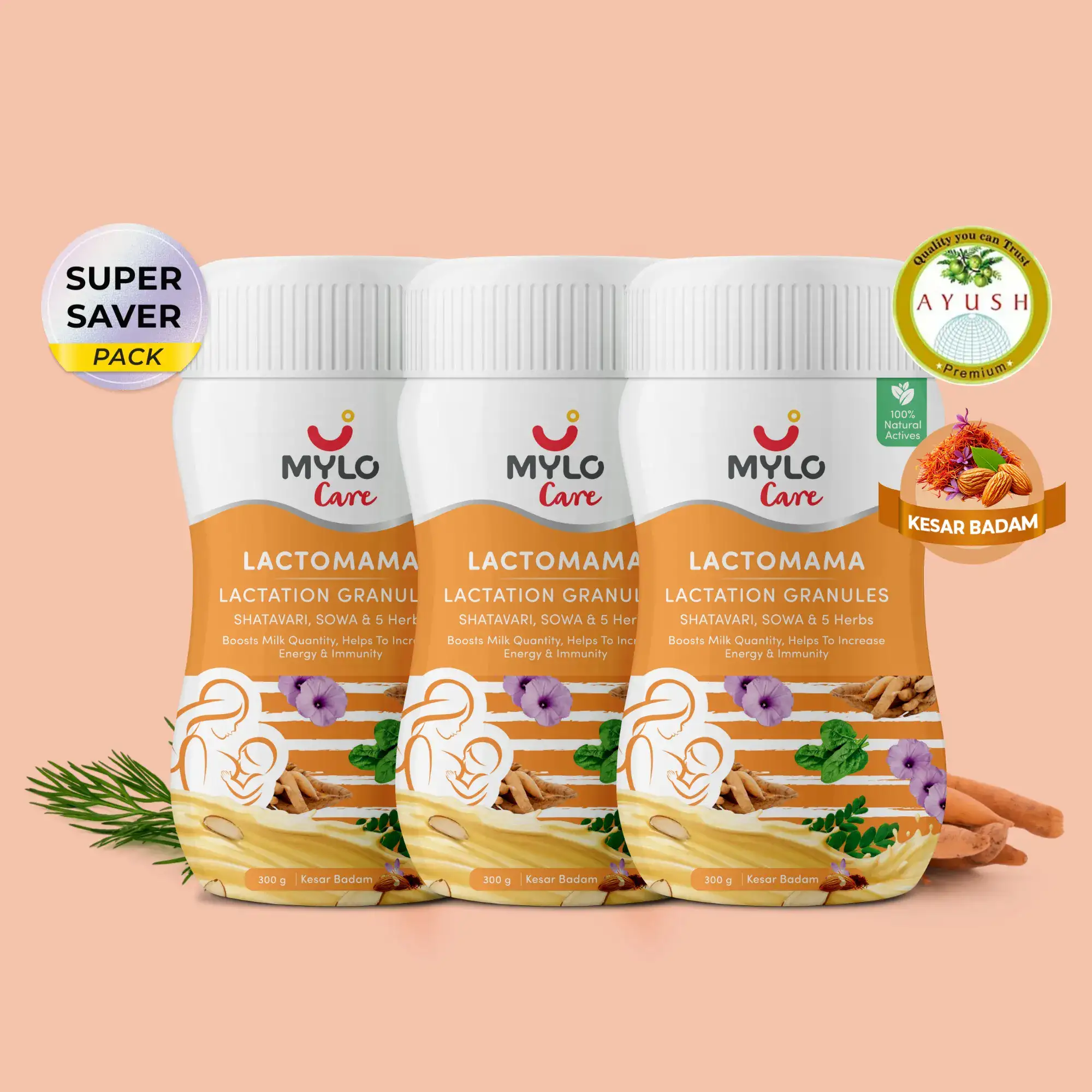 Mylo LactoMama ™ | With Shatavari, Sowa & 5 herbs | Natural Supplement for Boosting Breast Milk Supply | 100% Natural Ingredients | 300g | Pack of 3 | Kesar Badam