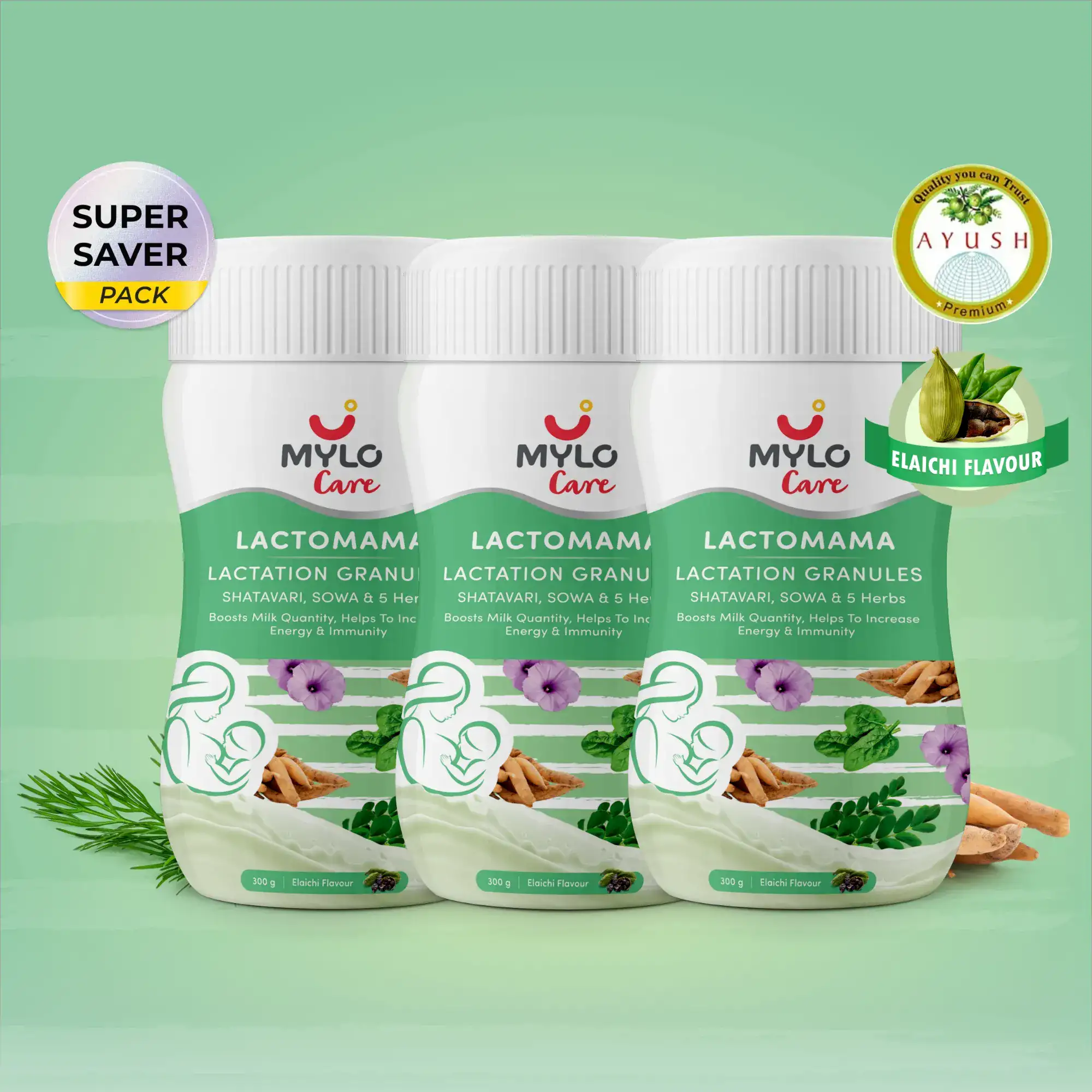 Mylo LactoMama ™ | With Shatavari, Sowa & 5 herbs | Natural Supplement for Boosting Breast Milk Supply | 100% Natural Ingredients | 300g | Pack of 3 | Elaichi